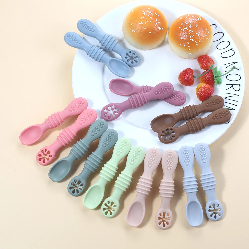 2PCS Cute Baby Learning Spoons Utensils Set Food Grade Silicone Sticky Spoon Children Cutlery Training Spoon Feeding Tableware Leedoar