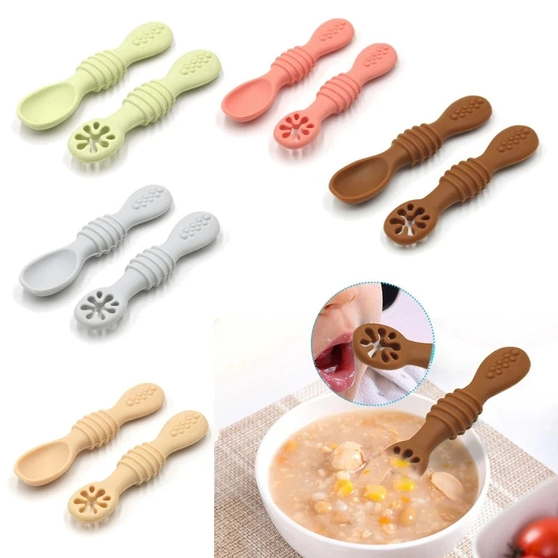 2PCS Cute Baby Learning Spoons Utensils Set Food Grade Silicone Sticky Spoon Children Cutlery Training Spoon Feeding Tableware Leedoar