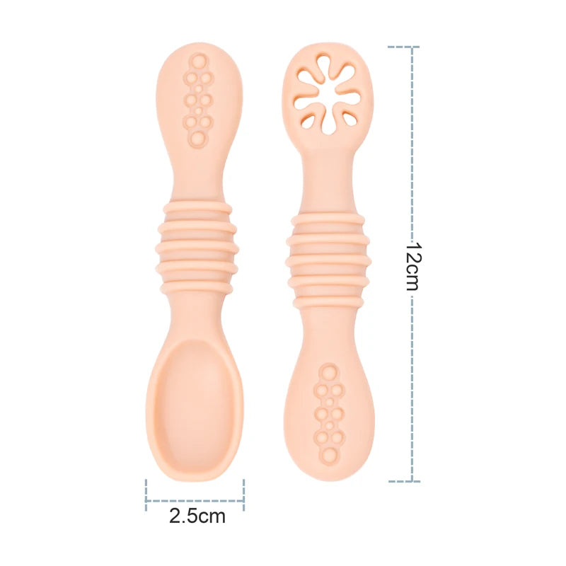 2PCS Cute Baby Learning Spoons Utensils Set Food Grade Silicone Sticky Spoon Children Cutlery Training Spoon Feeding Tableware Leedoar