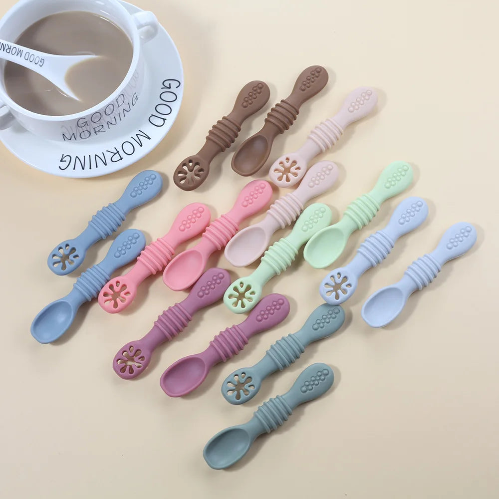 2PCS Cute Baby Learning Spoons Utensils Set Food Grade Silicone Sticky Spoon Children Cutlery Training Spoon Feeding Tableware Leedoar