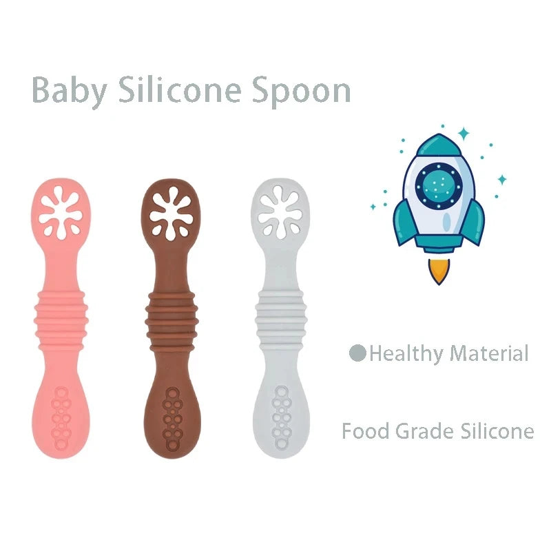 2PCS Cute Baby Learning Spoons Utensils Set Food Grade Silicone Sticky Spoon Children Cutlery Training Spoon Feeding Tableware Leedoar