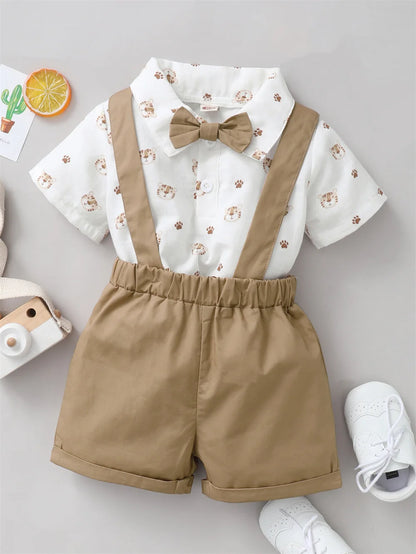 2PCS Infant Boy Clothes Set Tiger Print Short Sleeve with Bow+Strap Shorts Casual Party Birthday Suit for Toddler Boy 0-2 Years Leedoar