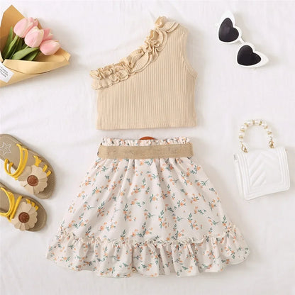 2PCS Kids Baby Girl Clothes Set Retro Off-Shoulder Top+Flowers Skirt Summer Sense Of Design Outfits for Child Girl 1-6 Years Leedoar