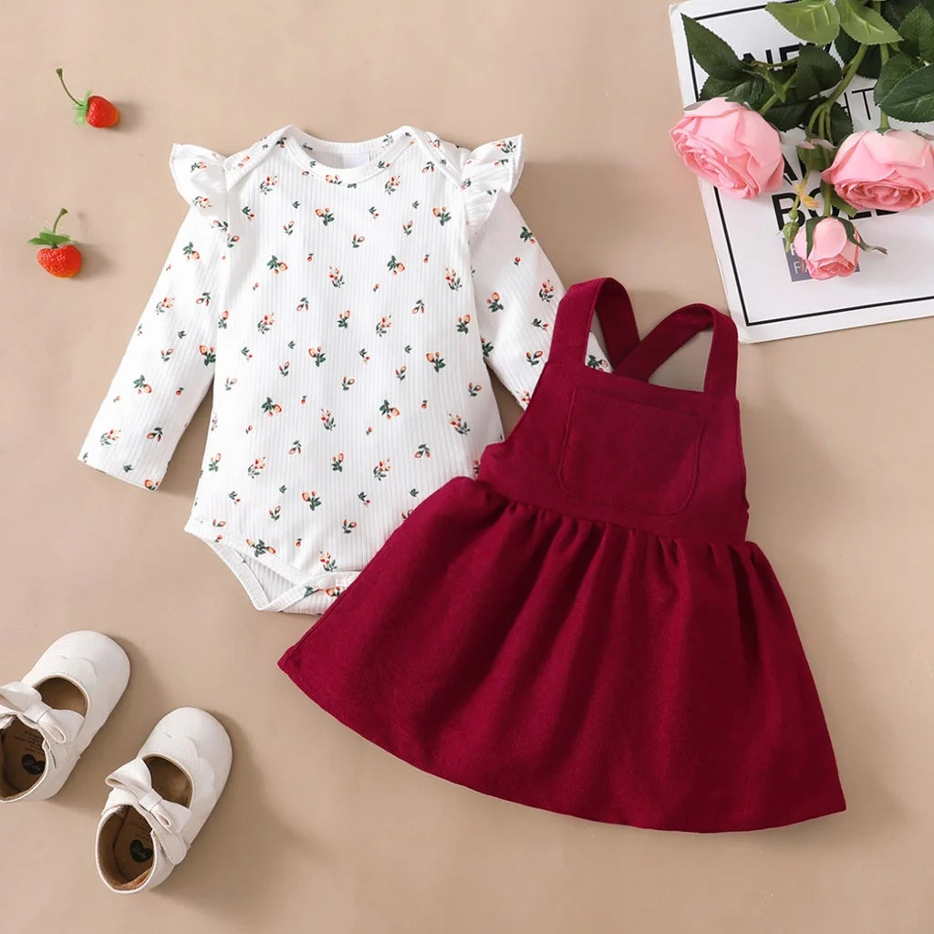 2PCS Newborn Baby Birthday Princess Dress Set Long Sleeves Romper+Red Strap Skirt for Infant Girl 0-18 Months New Year Outfits Leedoar