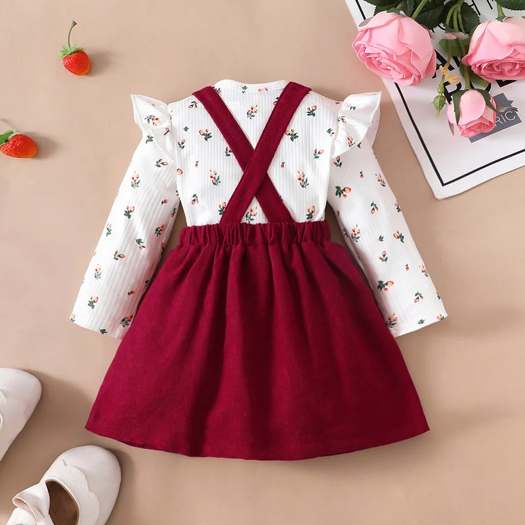 2PCS Newborn Baby Birthday Princess Dress Set Long Sleeves Romper+Red Strap Skirt for Infant Girl 0-18 Months New Year Outfits Leedoar