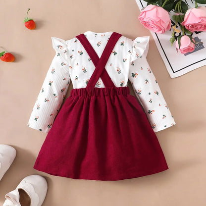 2PCS Newborn Baby Birthday Princess Dress Set Long Sleeves Romper+Red Strap Skirt for Infant Girl 0-18 Months New Year Outfits Leedoar