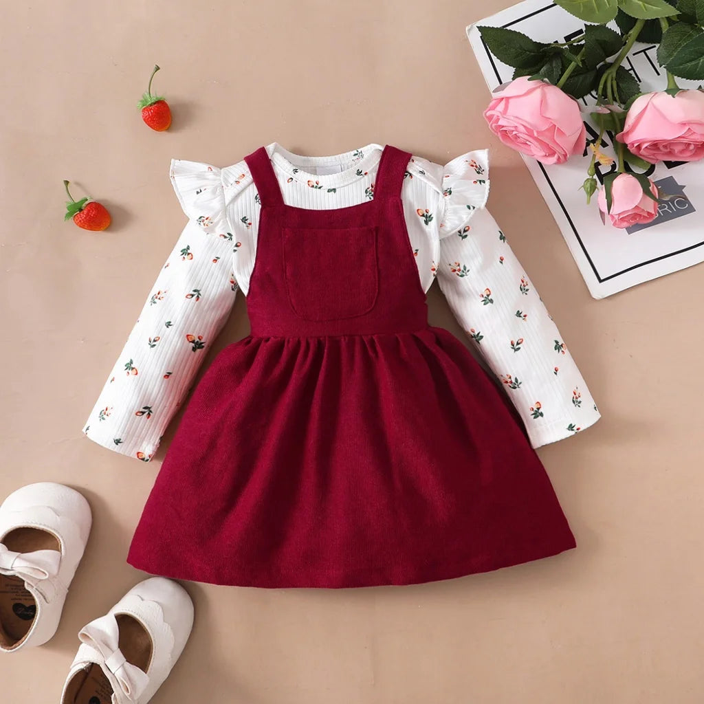 2PCS Newborn Baby Birthday Princess Dress Set Long Sleeves Romper+Red Strap Skirt for Infant Girl 0-18 Months New Year Outfits Leedoar