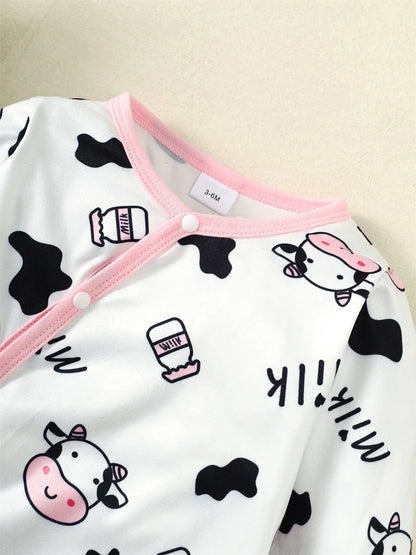 2PCS Newborn Baby Girl Fashion Jumpsuit Cute Cow Long Sleeve Bodysuit+Headband Spring&Autumn Romper for Toddler Girl 0-18 Months Leedoar