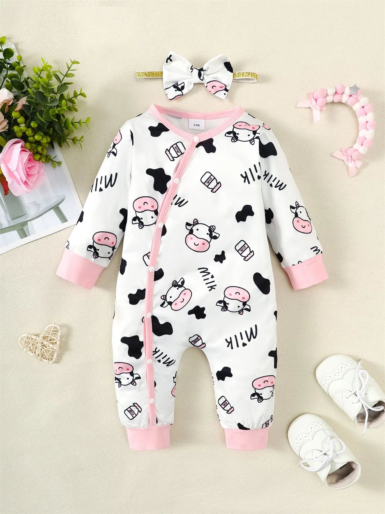 2PCS Newborn Baby Girl Fashion Jumpsuit Cute Cow Long Sleeve Bodysuit+Headband Spring&Autumn Romper for Toddler Girl 0-18 Months Leedoar