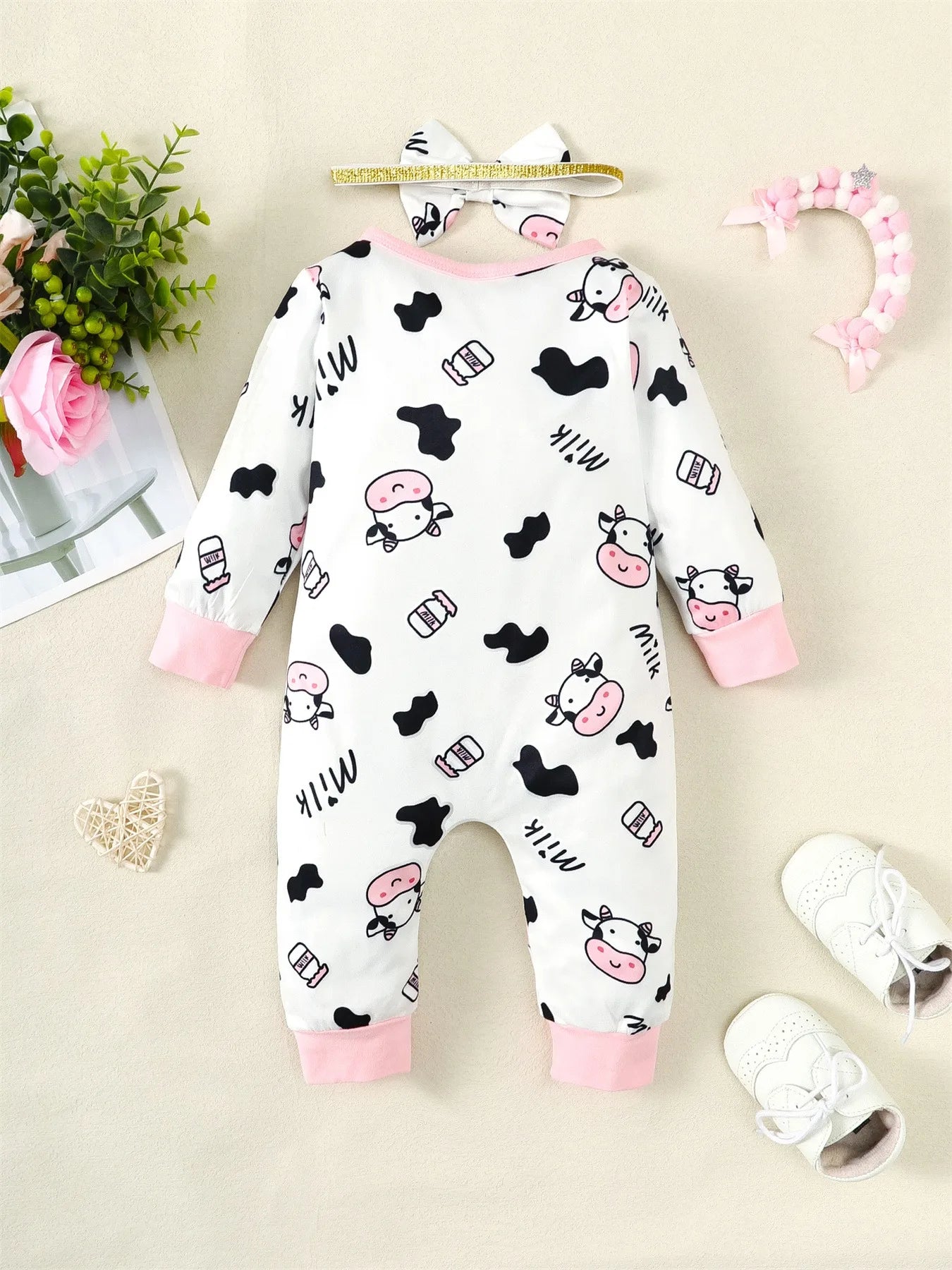 2PCS Newborn Baby Girl Fashion Jumpsuit Cute Cow Long Sleeve Bodysuit+Headband Spring&Autumn Romper for Toddler Girl 0-18 Months Leedoar