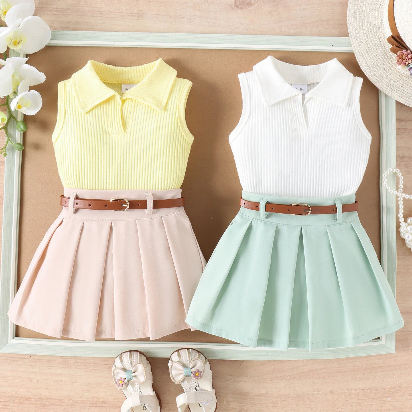 2PCS Summer Baby Girls Comfortable Simple Beautiful Multi-Color Pit Strip Lapel Vest Top + Pleated Skirt Fashion Suit Leedoar