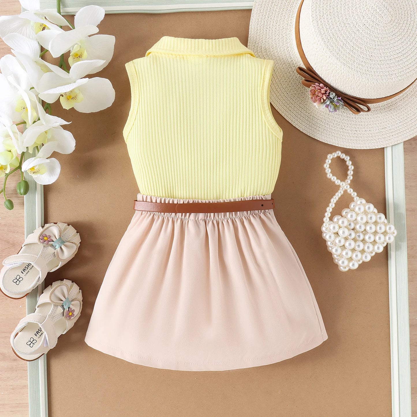 2PCS Summer Baby Girls Comfortable Simple Beautiful Multi-Color Pit Strip Lapel Vest Top + Pleated Skirt Fashion Suit Leedoar