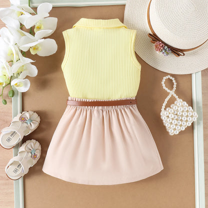 2PCS Summer Baby Girls Comfortable Simple Beautiful Multi-Color Pit Strip Lapel Vest Top + Pleated Skirt Fashion Suit Leedoar