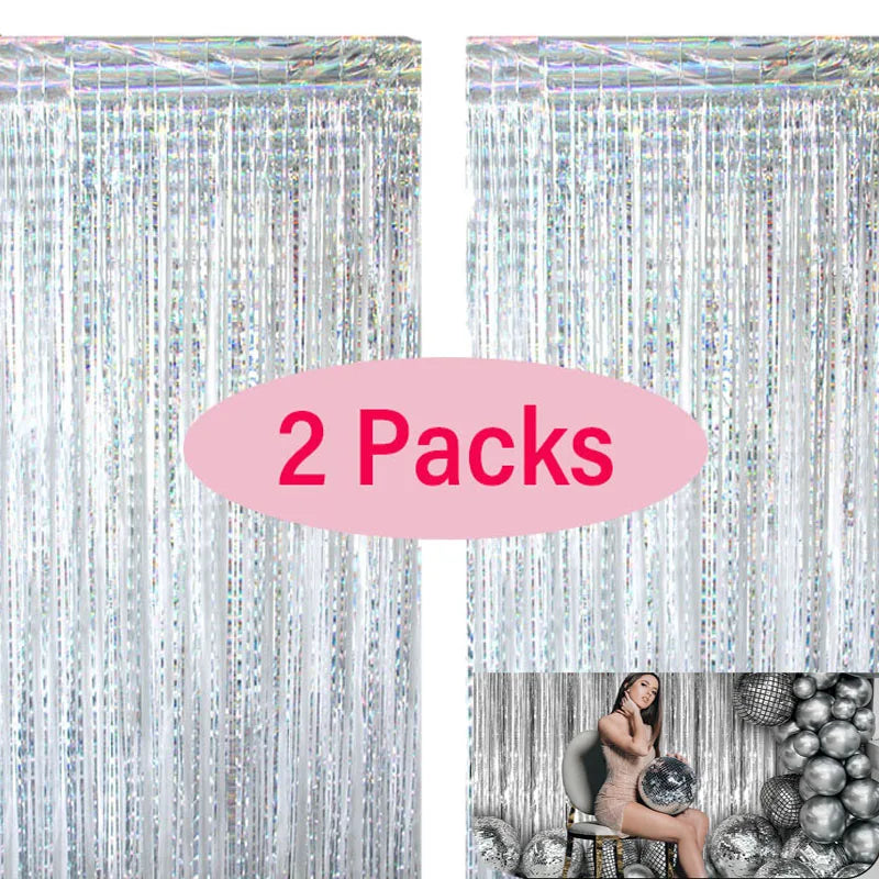 2Pack Foil Curtain Backdrop Silver Metallic Tinsel Foil Fringe Curtains for Birthday Wedding Baby Shower Disco Party Decorations Leedoar