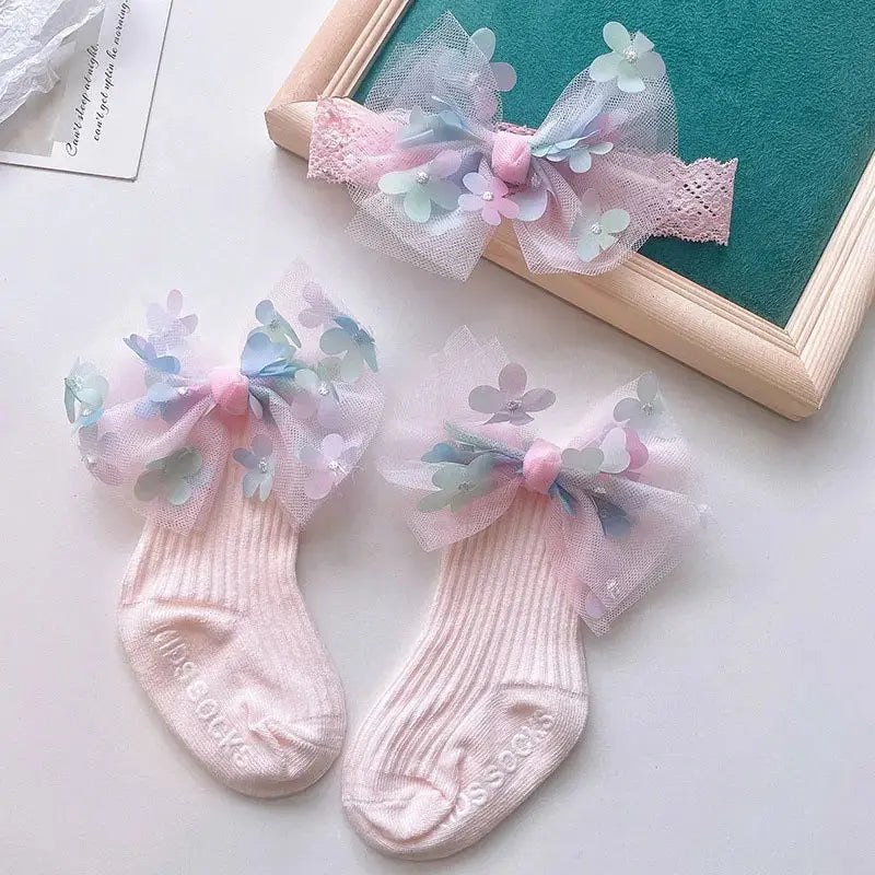 2Pcs Baby Bow Headband Socks Set Toddler Boys Girls Lace Print Bowknot Elastic Hairband Turban Solid Soft Sock Kids Accessories Leedoar