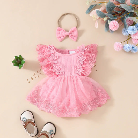 2Pcs Baby Girls Summer Clothes 2024 Pink Floral Lace Bodysuit Dress For Newborns Girl Romper Baby Onesie Infants Costume 0-18M Leedoar