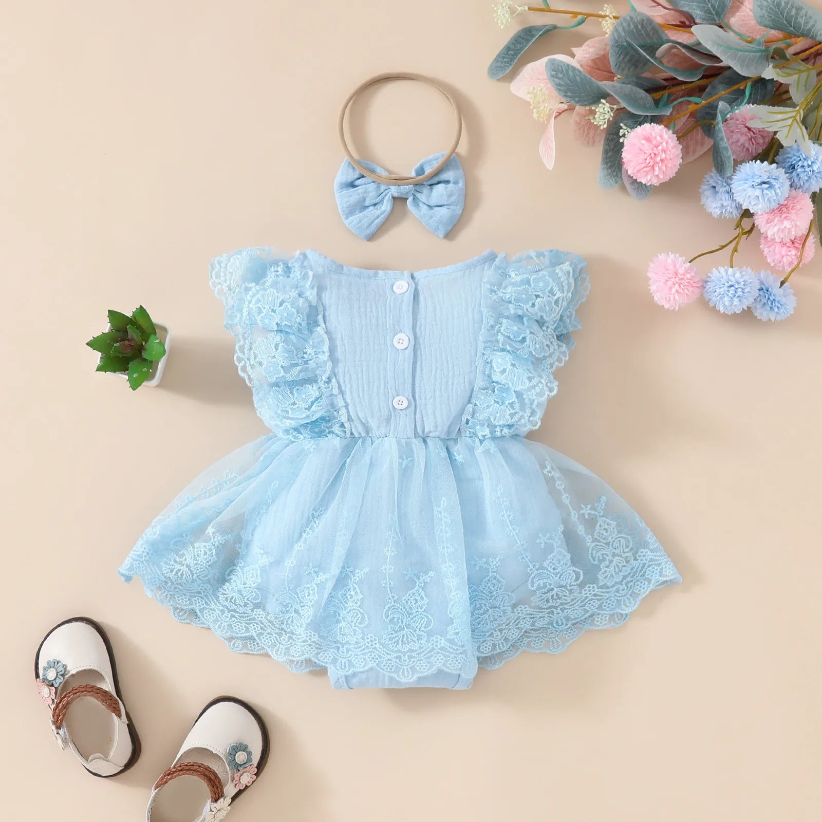 2Pcs Baby Girls Summer Clothes 2024 Pink Floral Lace Bodysuit Dress For Newborns Girl Romper Baby Onesie Infants Costume 0-18M Leedoar