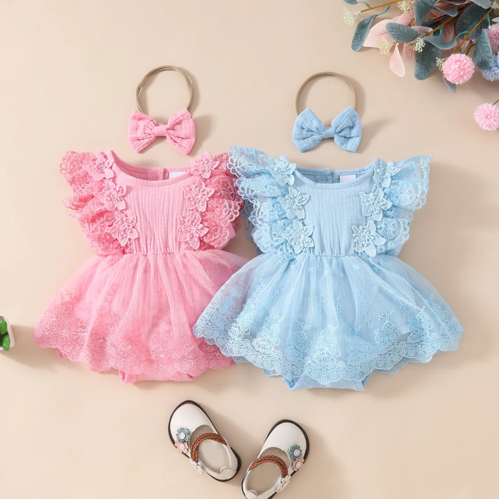 2Pcs Baby Girls Summer Clothes 2024 Pink Floral Lace Bodysuit Dress For Newborns Girl Romper Baby Onesie Infants Costume 0-18M Leedoar