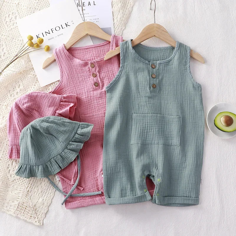 2Pcs/Set Baby Summer Clothing Solid Newborn Infant Romper With Hat Muslin Cotton Sleeveless Baby Boys Girls Jumpsuit Outfits Leedoar