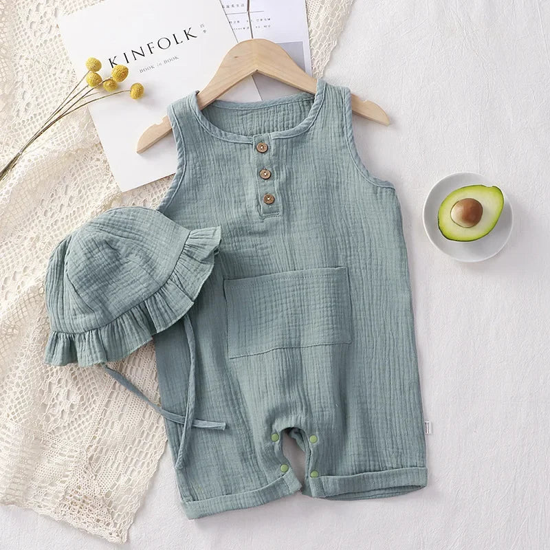 2Pcs/Set Baby Summer Clothing Solid Newborn Infant Romper With Hat Muslin Cotton Sleeveless Baby Boys Girls Jumpsuit Outfits Leedoar