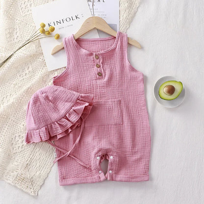 2Pcs/Set Baby Summer Clothing Solid Newborn Infant Romper With Hat Muslin Cotton Sleeveless Baby Boys Girls Jumpsuit Outfits Leedoar