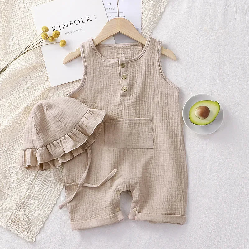 2Pcs/Set Baby Summer Clothing Solid Newborn Infant Romper With Hat Muslin Cotton Sleeveless Baby Boys Girls Jumpsuit Outfits Leedoar