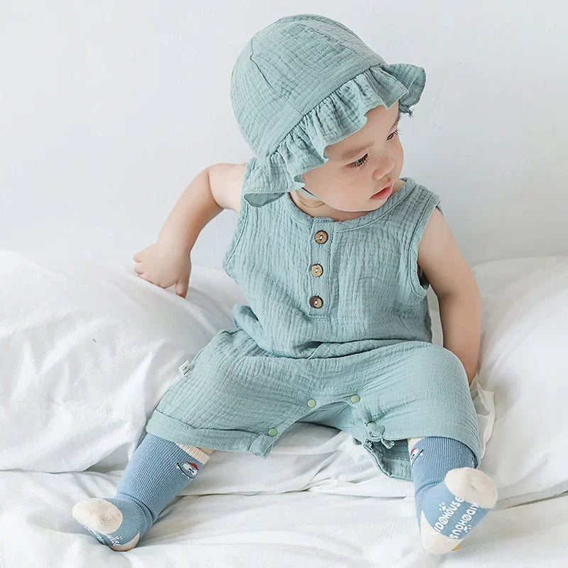 2Pcs/Set Baby Summer Clothing Solid Newborn Infant Romper With Hat Muslin Cotton Sleeveless Baby Boys Girls Jumpsuit Outfits Leedoar