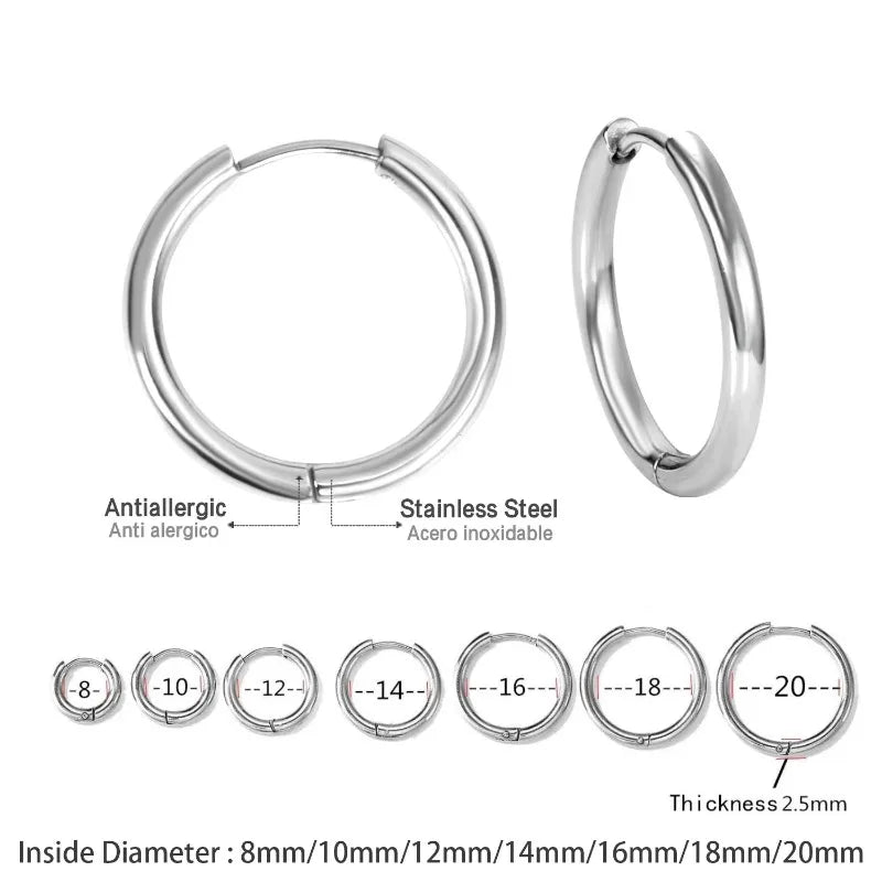 2Pcs Small Hoop Earrings for Women Men, Silver Color Stainles Steel Round Circle Pendientes Mujer 2023 Hypoallergeic Leedoar