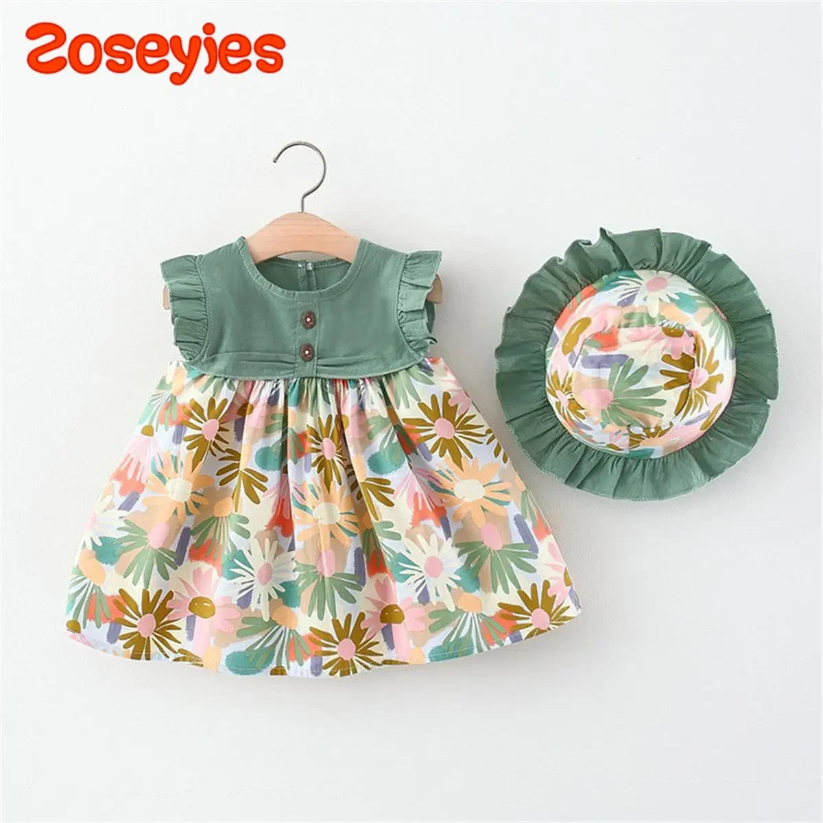 2Pcs Summer Girls' Baby Sleeveless Dress With Flower Print Splice Infant Dress Pastoral Style Girl Children'S Clothing+Gift Hat Leedoar