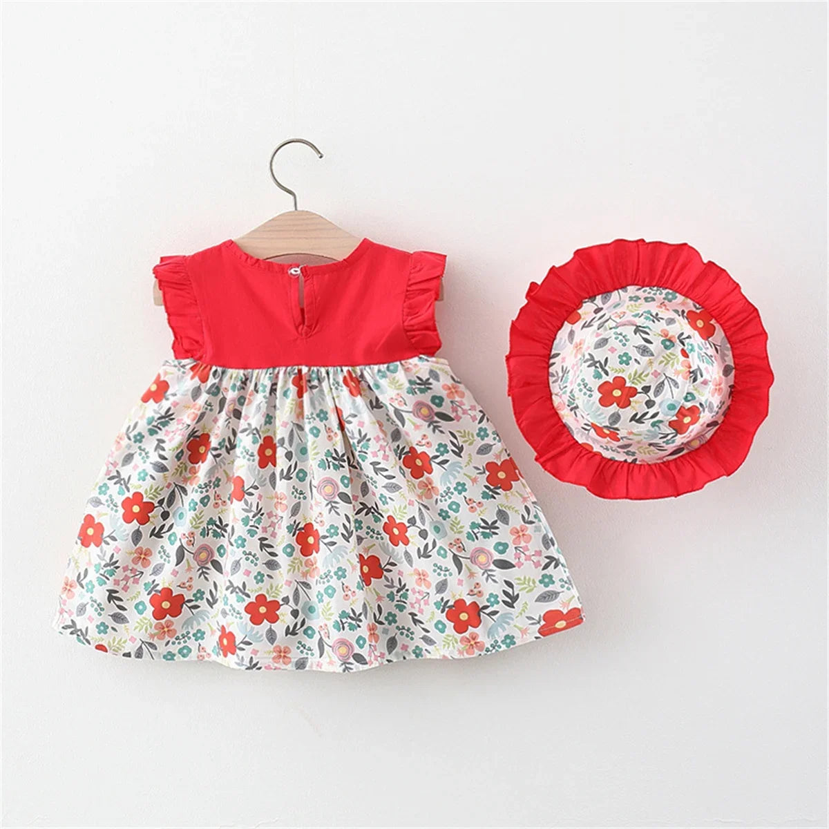 2Pcs Summer Girls' Baby Sleeveless Dress With Flower Print Splice Infant Dress Pastoral Style Girl Children'S Clothing+Gift Hat Leedoar