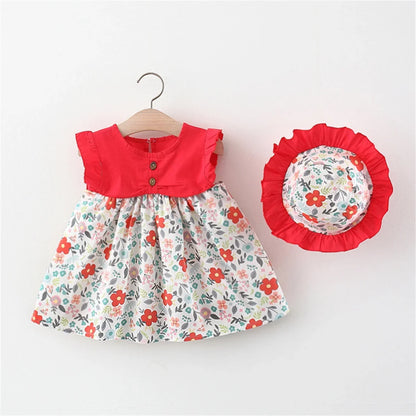 2Pcs Summer Girls' Baby Sleeveless Dress With Flower Print Splice Infant Dress Pastoral Style Girl Children'S Clothing+Gift Hat Leedoar