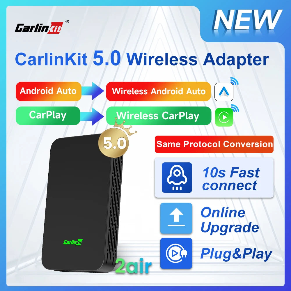 2air CarlinKit 5.0 CarPlay inalámbrico Android Auto Box 2.4G y 5.8Ghz WiFi BT Conexión automática Plug &amp; Play para automóviles con control remoto por cable 