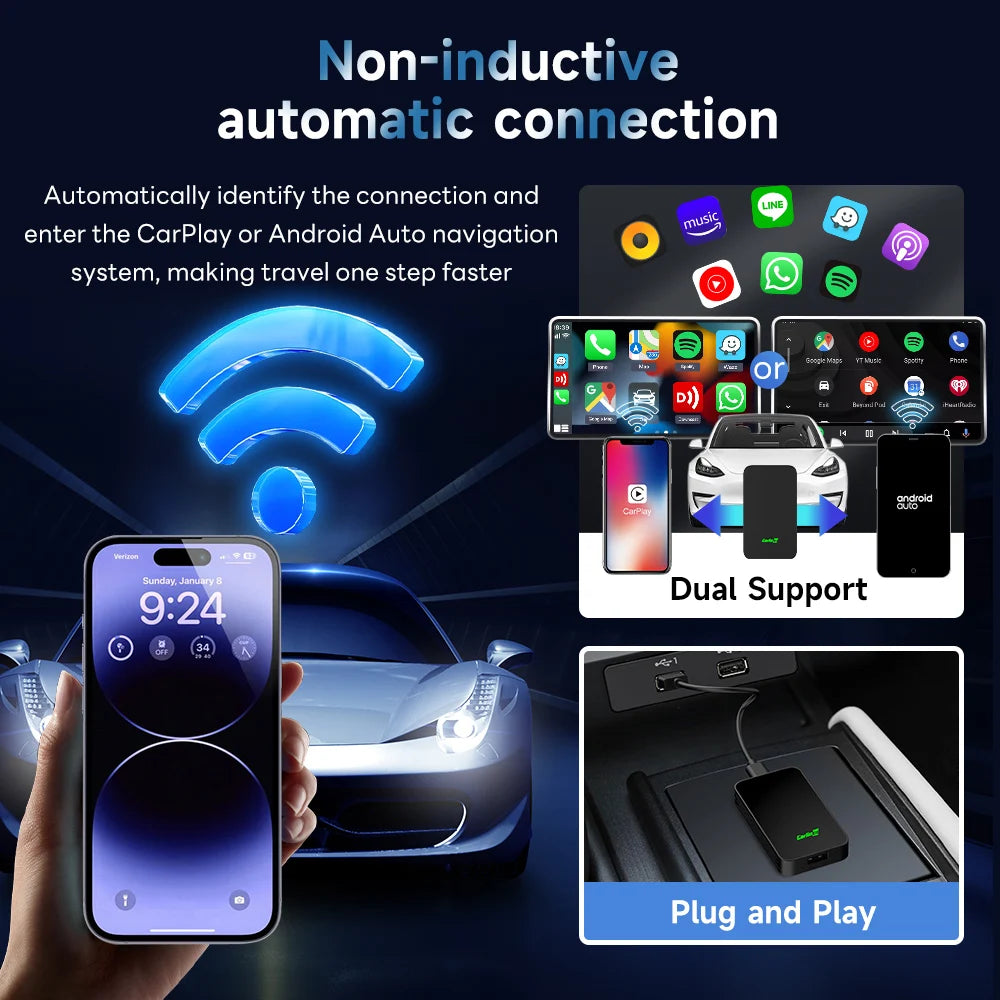 2air CarlinKit 5.0 Wireless CarPlay Wireless Android Auto Box 2.4G e 5.8Ghz WiFi BT Auto Connect Plug&amp;Play para carros AA CP com fio 