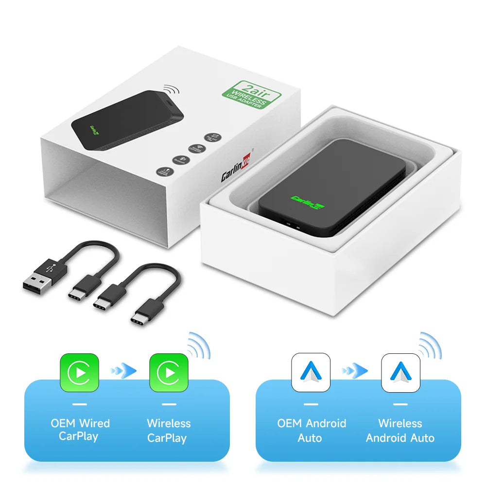 2air CarlinKit 5.0 CarPlay inalámbrico Android Auto Box 2.4G y 5.8Ghz WiFi BT Conexión automática Plug &amp; Play para automóviles con control remoto por cable 