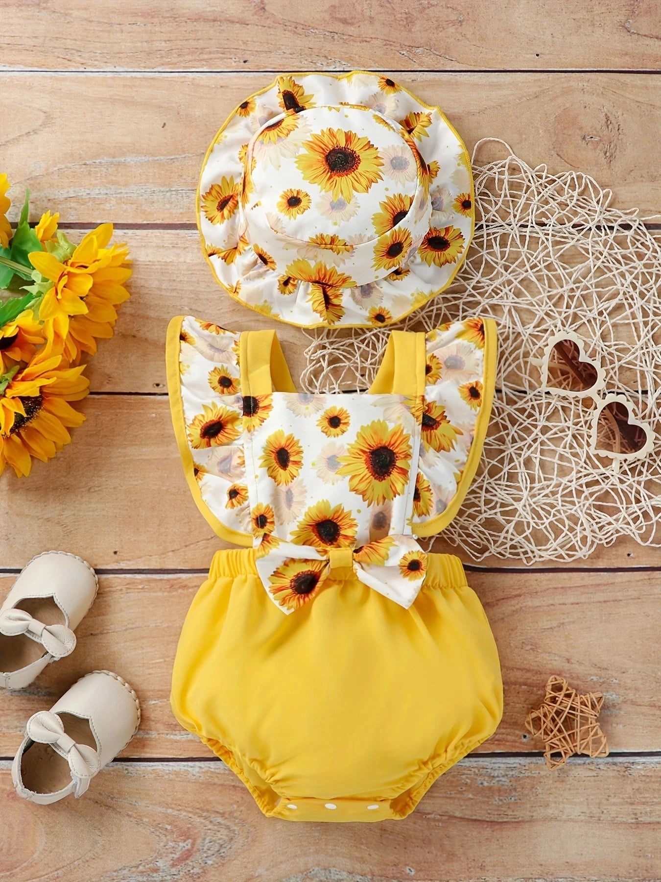 2pcs Baby Girls Cute Sunflower Graphic Print Bowknot Ruffle SleeveOnesie Leedoar