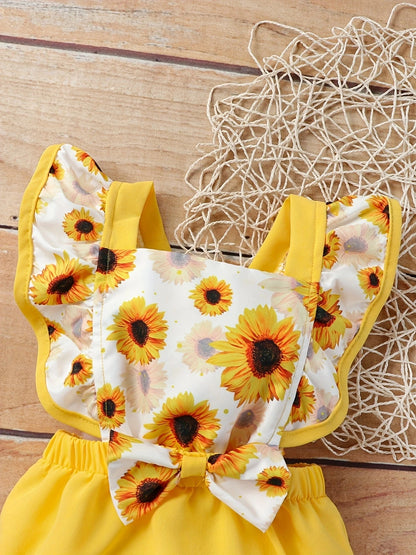 2pcs Baby Girls Cute Sunflower Graphic Print Bowknot Ruffle SleeveOnesie Leedoar