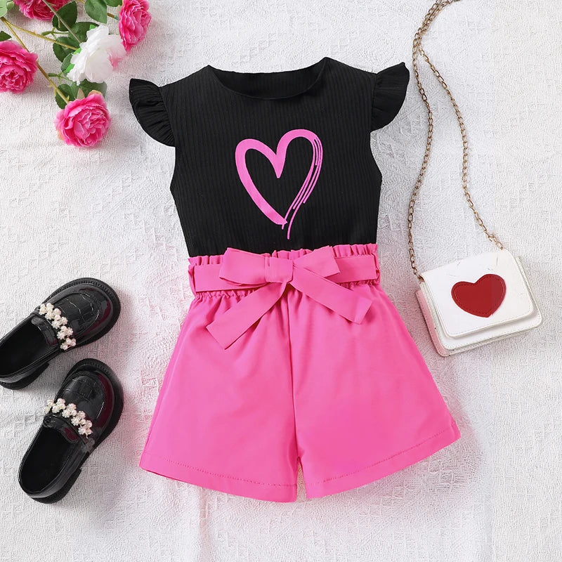 2pcs Girls Going Out Short Suit Heart Graphic Flutter Sleeve Top & Belted Waist Shorts Set Kids Summer Clothes Leedoar