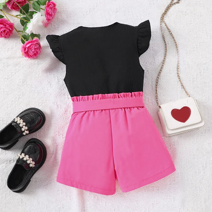 2pcs Girls Going Out Short Suit Heart Graphic Flutter Sleeve Top & Belted Waist Shorts Set Kids Summer Clothes Leedoar