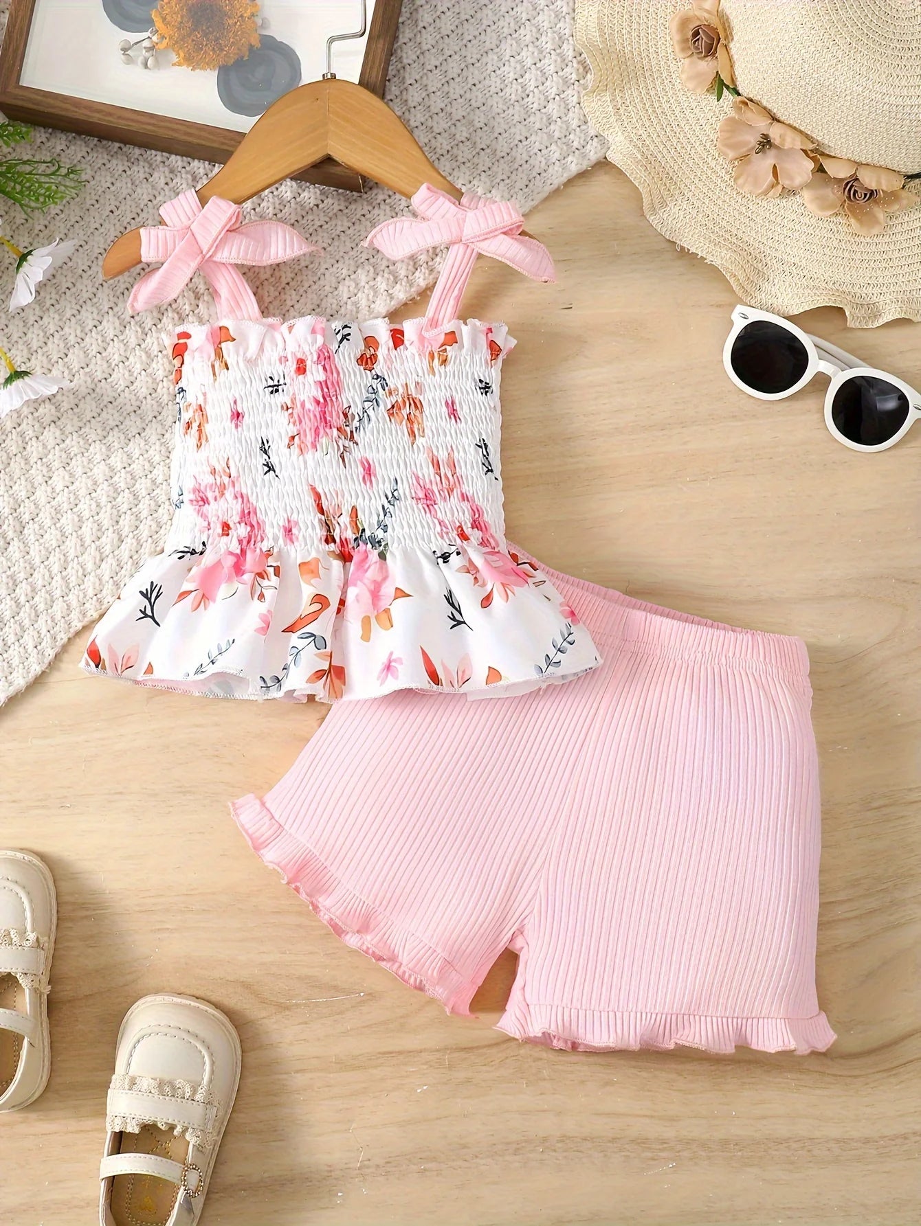 2pcs Infant & Toddler's Floral Pattern Comfy Set, Shirred Cami Top & Ribbed Shorts, Baby Girl's Clothes Leedoar