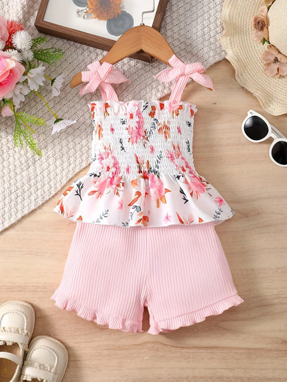 2pcs Infant & Toddler's Floral Pattern Comfy Set, Shirred Cami Top & Ribbed Shorts, Baby Girl's Clothes Leedoar