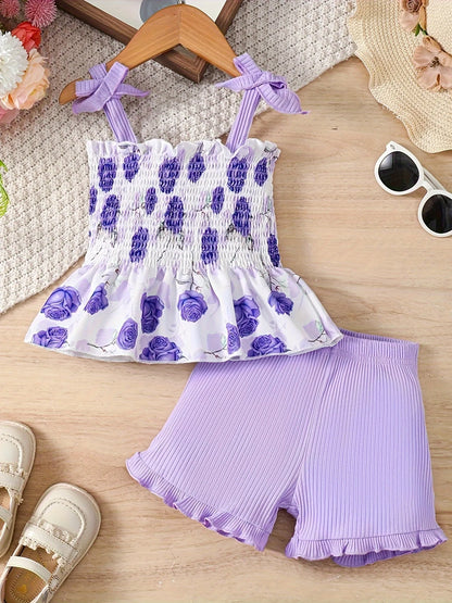 2pcs Infant & Toddler's Floral Pattern Comfy Set, Shirred Cami Top & Ribbed Shorts, Baby Girl's Clothes Leedoar