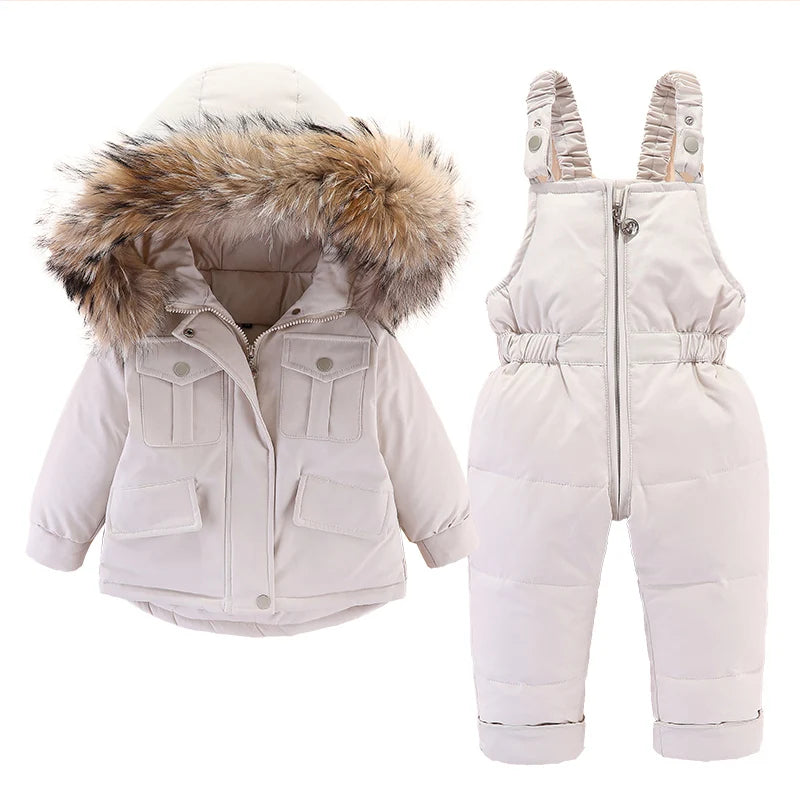 2pcs Set Children Winter Down Jacket and Jumpsuit for Baby Thicken Jacket for Girls Coat Warm Real Fur Collar Boys Snowsuit 0-4Y Leedoar