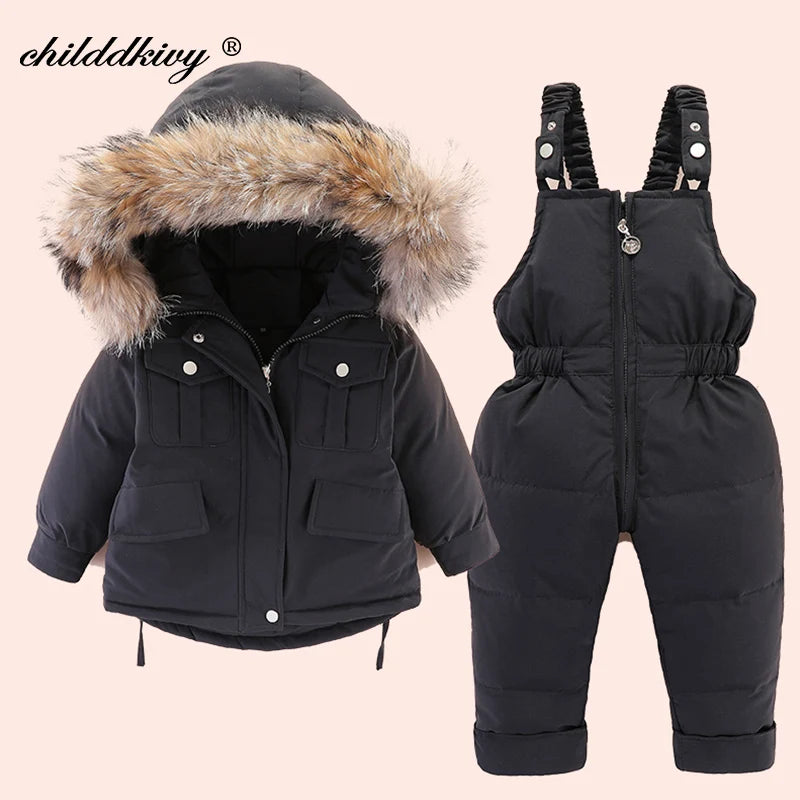 2pcs Set Children Winter Down Jacket and Jumpsuit for Baby Thicken Jacket for Girls Coat Warm Real Fur Collar Boys Snowsuit 0-4Y Leedoar