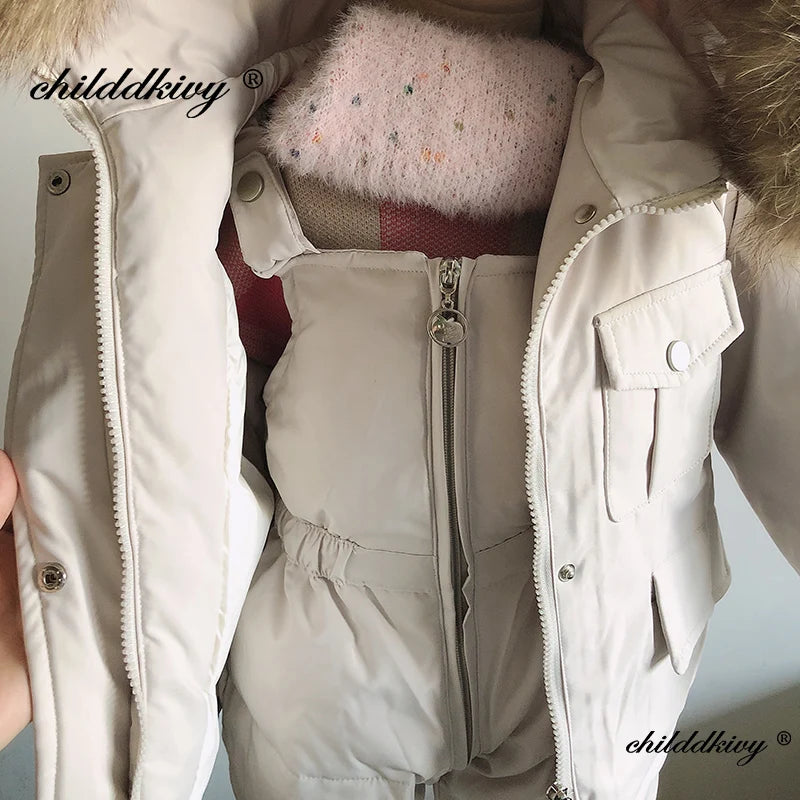 2pcs Set Children Winter Down Jacket and Jumpsuit for Baby Thicken Jacket for Girls Coat Warm Real Fur Collar Boys Snowsuit 0-4Y Leedoar