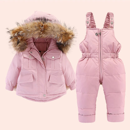 2pcs Set Children Winter Down Jacket and Jumpsuit for Baby Thicken Jacket for Girls Coat Warm Real Fur Collar Boys Snowsuit 0-4Y Leedoar