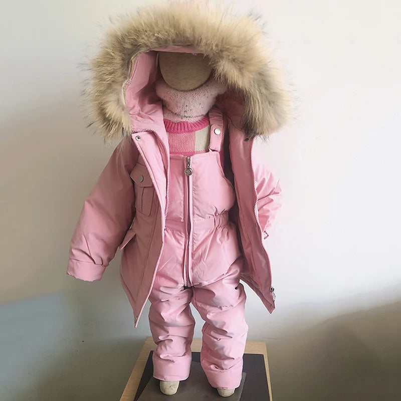 2pcs Set Children Winter Down Jacket and Jumpsuit for Baby Thicken Jacket for Girls Coat Warm Real Fur Collar Boys Snowsuit 0-4Y Leedoar