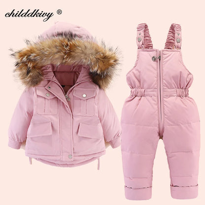 2pcs Set Children Winter Down Jacket and Jumpsuit for Baby Thicken Jacket for Girls Coat Warm Real Fur Collar Boys Snowsuit 0-4Y Leedoar