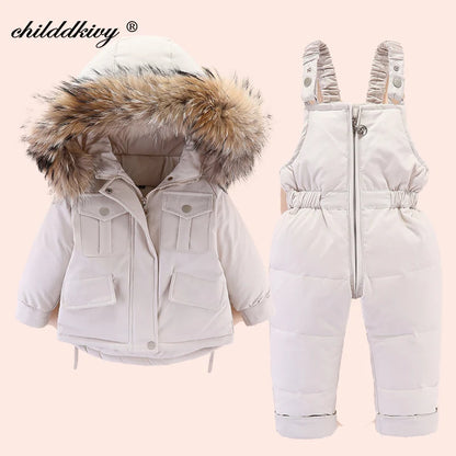 2pcs Set Children Winter Down Jacket and Jumpsuit for Baby Thicken Jacket for Girls Coat Warm Real Fur Collar Boys Snowsuit 0-4Y Leedoar