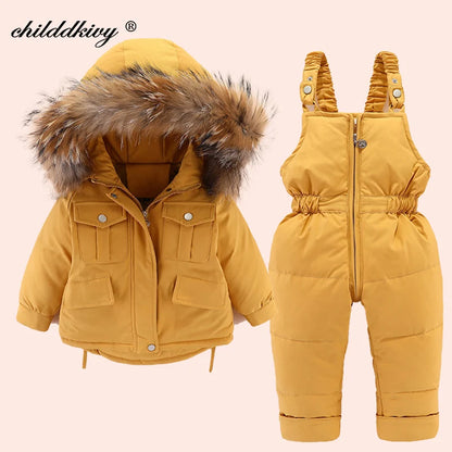 2pcs Set Children Winter Down Jacket and Jumpsuit for Baby Thicken Jacket for Girls Coat Warm Real Fur Collar Boys Snowsuit 0-4Y Leedoar