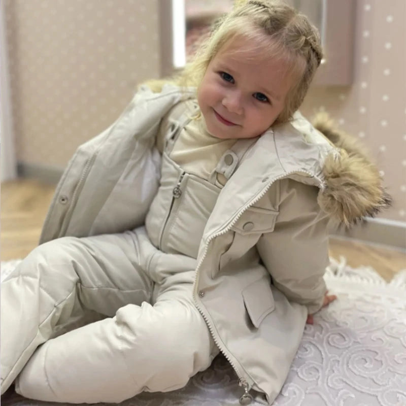 2pcs Set Children Winter Down Jacket and Jumpsuit for Baby Thicken Jacket for Girls Coat Warm Real Fur Collar Boys Snowsuit 0-4Y Leedoar